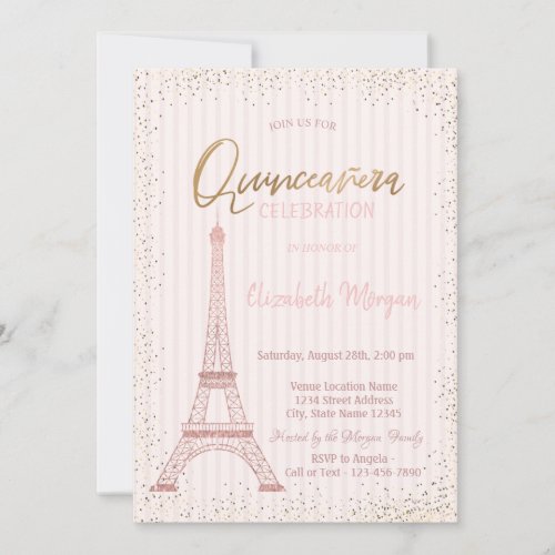 Rose Gold Eiffel Tower Confetti Stripe Quinceanera Invitation