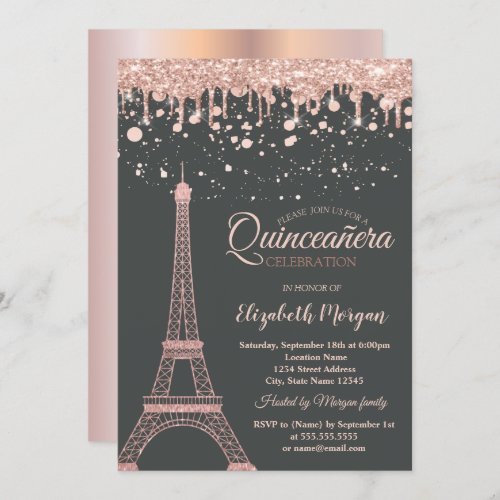 Rose Gold Eiffel TowerDrips Dots Quinceaera Invitation