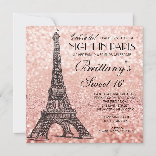 Rose Gold Eiffel Tower Paris Sweet 16 Invitation
