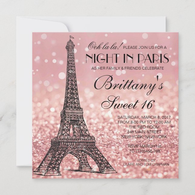 Rose Gold Eiffel Tower Paris Sweet 16 Invitation (Front)