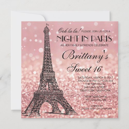 Rose Gold Eiffel Tower Paris Sweet 16 Invitation
