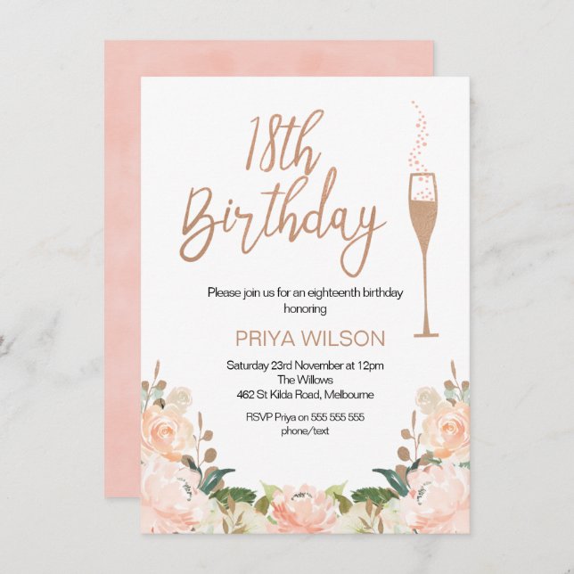 Rose Gold Eighteenth Birthday Invitation (Front/Back)