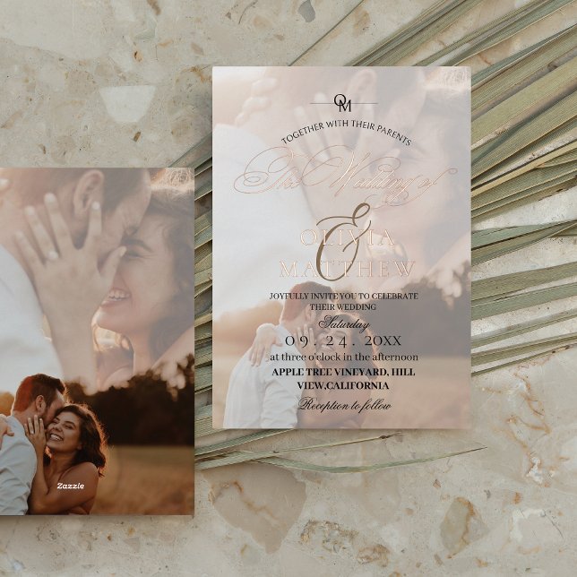  Rose Gold Elegance Script Overlay Photo Wedding Foil Invitation (Creator Uploaded)