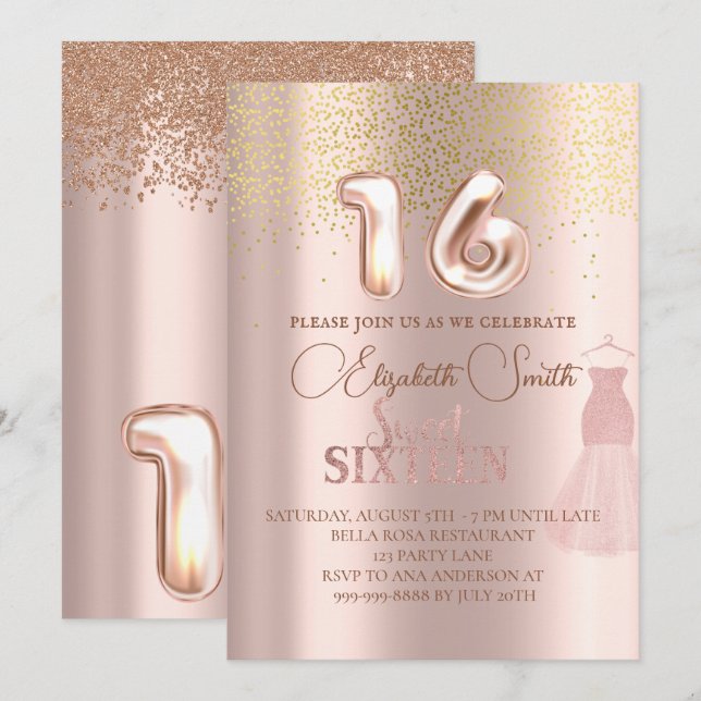 Rose gold elegance, sweet sixteen invitation (Front/Back)