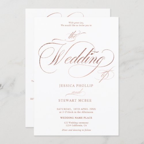 Rose gold elegant all in one calligraphy wedding invitation - Chic and elegant faux rose gold foil all in one calligraphy wedding invitation with rsvp, accommodations, details, and more info. With a beautiful brush calligraphy script.