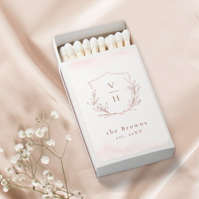 Rose gold elegant botanical crest monogram wedding matchboxes (Rose gold elegant botanical crest monogram wedding matchboxes)