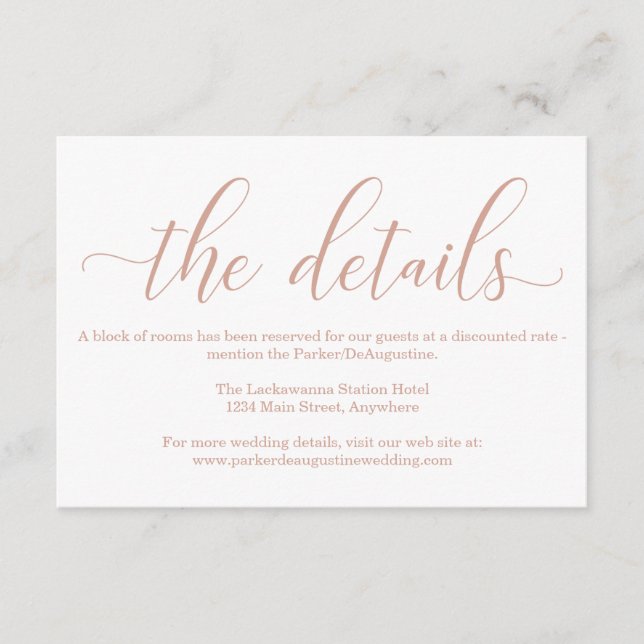 Rose Gold Elegant Calligraphy Information Enclosure Card (Front)