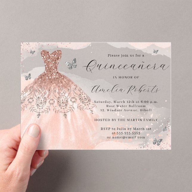 Rose Gold Elegant Dress Butterfly Quinceanera Acrylic Invitations (Insitu (Handheld))