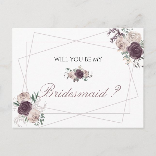 Rose Gold Elegant Floral be my Bridesmaid Invitation Postcard (Front)