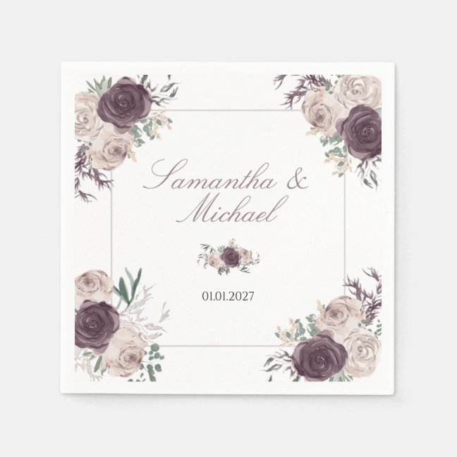 Rose Gold Elegant Floral Name Wedding Couple Napkins
