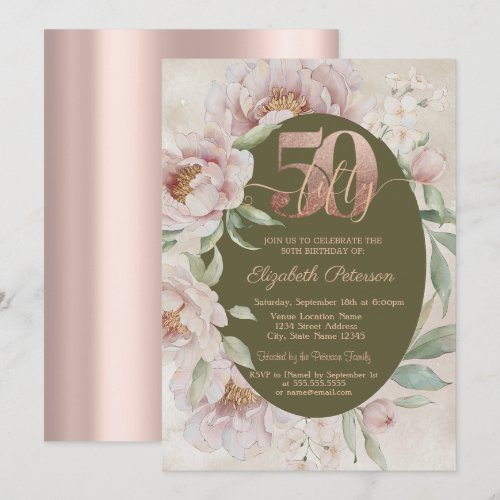 Rose Gold Elegant Flowers 50th Birthday  Invitation