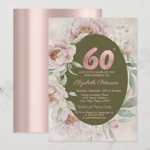 Rose Gold Elegant Flowers 60th Birthday  Invitation