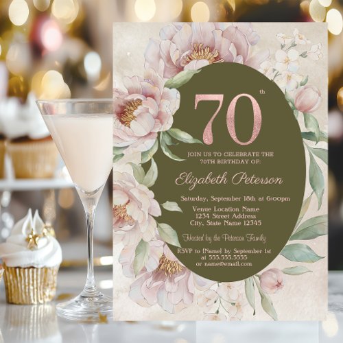 Rose Gold Elegant Flowers 70th Birthday  Invitation