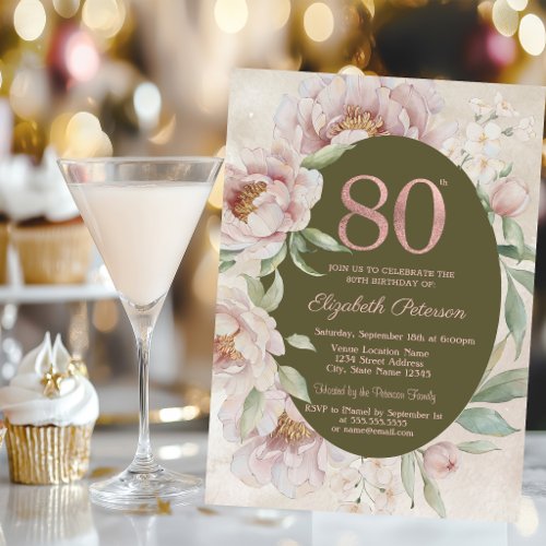 Rose Gold Elegant Flowers 80th Birthday  Invitation