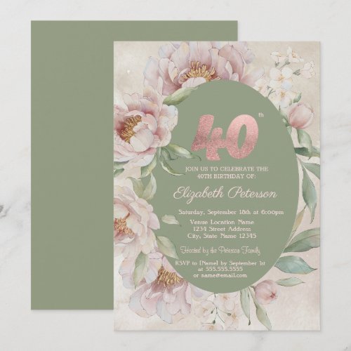 Rose Gold Elegant Flowers Green 40th Birthday  Invitation