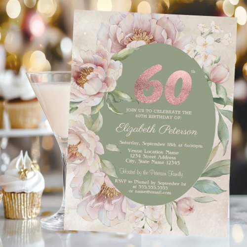 Rose Gold Elegant Flowers Green 70th Birthday  Invitation