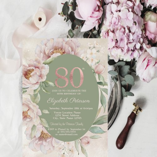 Rose Gold Elegant Flowers Green 80th Birthday  Invitation