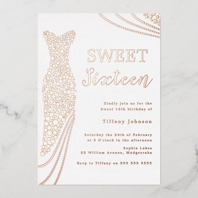 Rose Gold Elegant Foil Dress Sweet 16 Birthday Foil Invitation (Front)