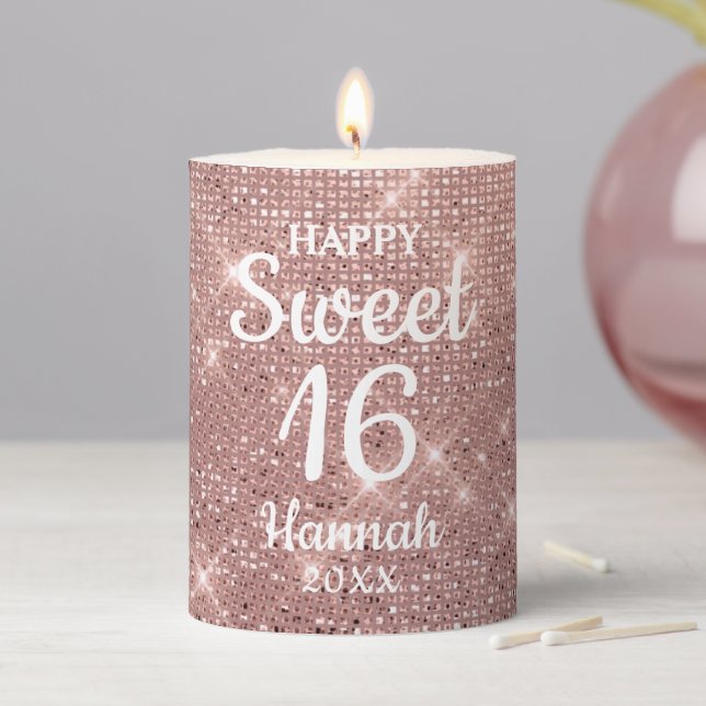 Rose Gold Elegant Girl Birthday Sweet 16 Pillar Candle (In Situ)