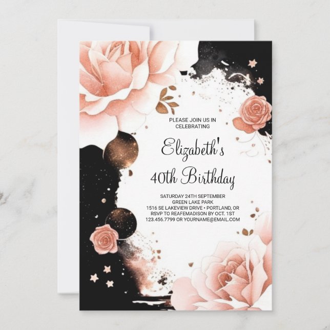 Rose Gold Elegant Girly Digital 40th Birthday Invitation (Front)