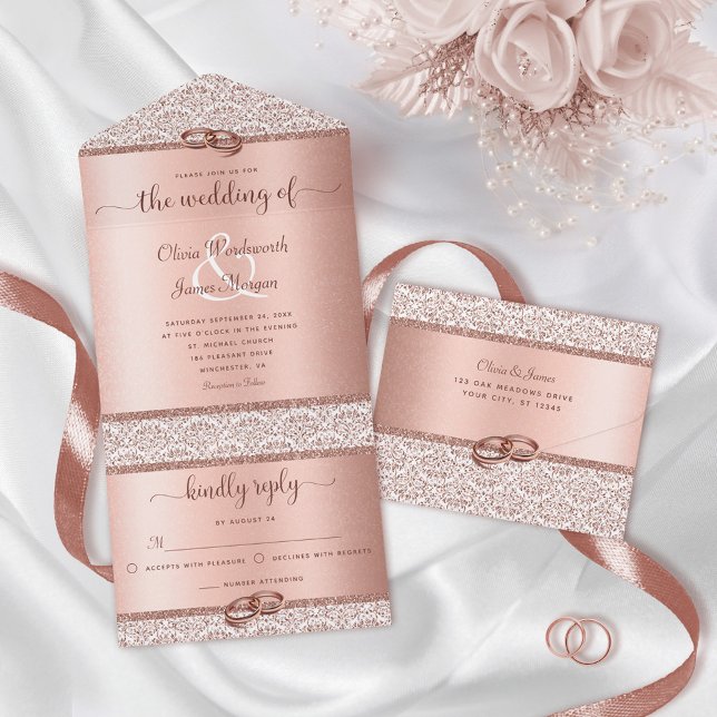 Rose Gold Elegant Glitter Damask Wedding All In One Invitation (Creator Uploaded)