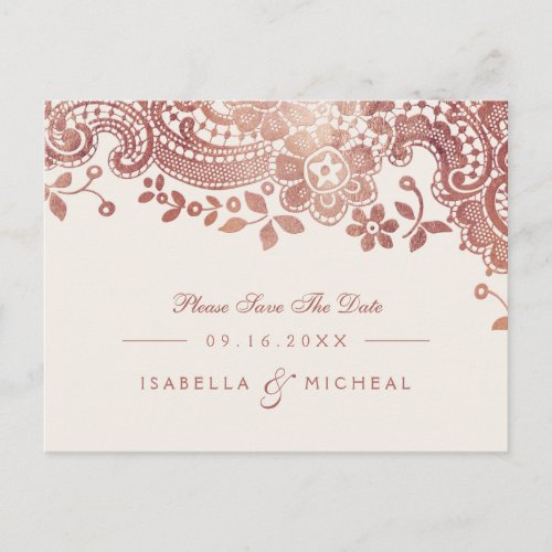 Rose gold elegant lace wedding save the date announcement postcard
