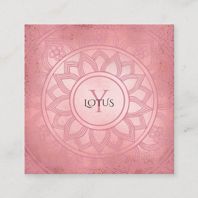 Rose Gold Elegant Lotus Mandala Yoga Center Square Business Card (Front)