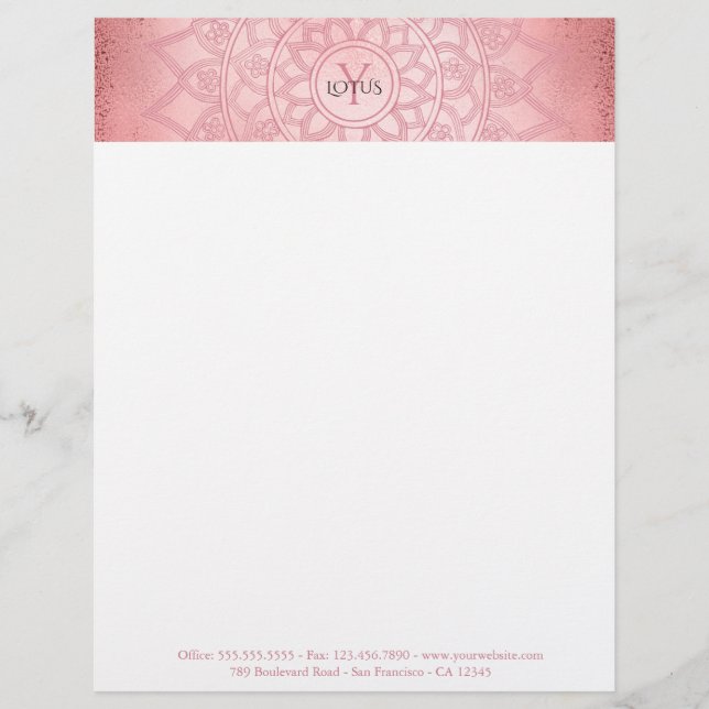 Rose Gold Elegant Lotus Mandala Yoga Letterhead (Front)