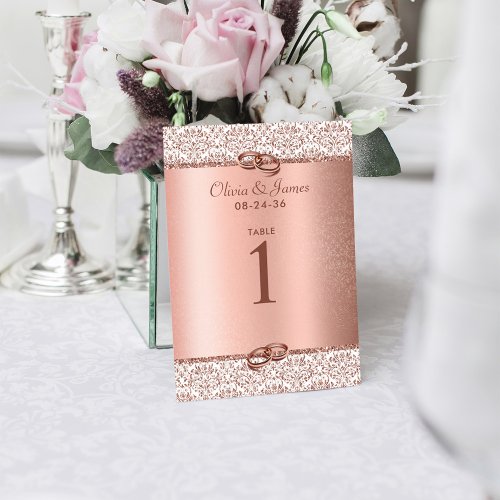 Rose Gold Elegant Metallic Glitter Damask Wedding  Table Number