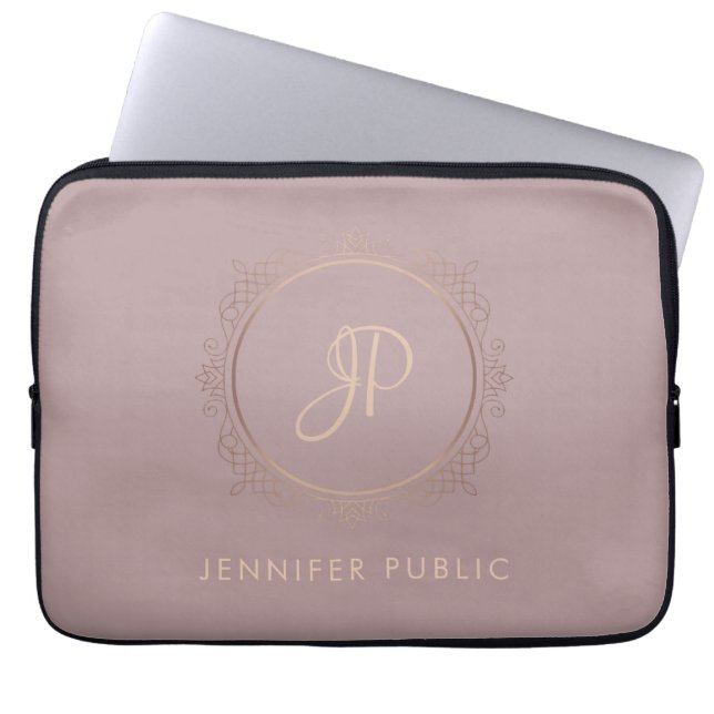 Rose Gold Elegant Monogram Trendy Template Laptop Sleeve (Front)