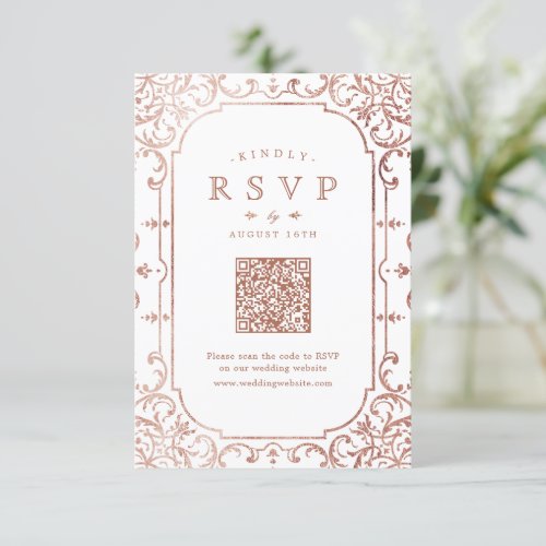 Rose Gold elegant ornate romantic vintage QR code  RSVP Card