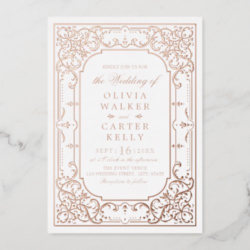 Rose gold elegant ornate romantic vintage wedding foil invitation