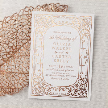 Rose Gold Elegant Ornate Romantic Vintage Wedding Foil Invitation by AvaPaperie at Zazzle
