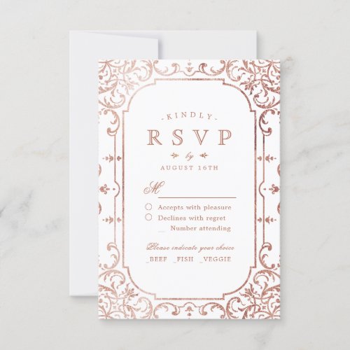 Rose Gold elegant ornate romantic vintage wedding RSVP Card