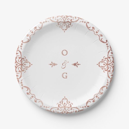 Rose gold elegant ornate vintage wedding monogram paper plates