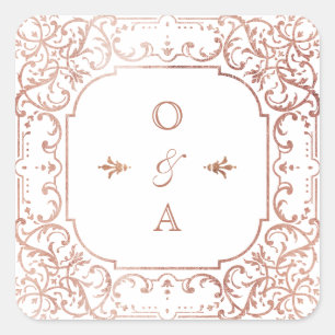 Rose gold elegant ornate vintage wedding monogram square sticker