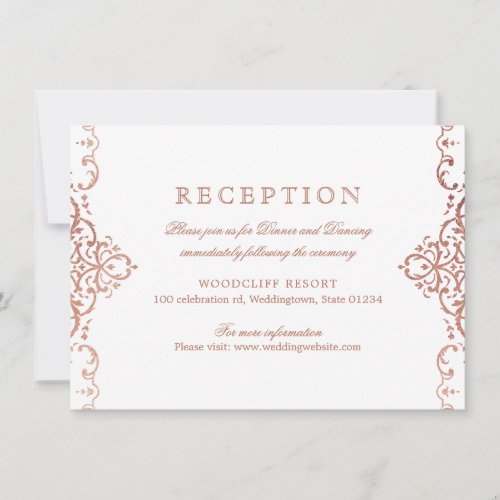 Rose gold elegant ornate vintage wedding reception invitation