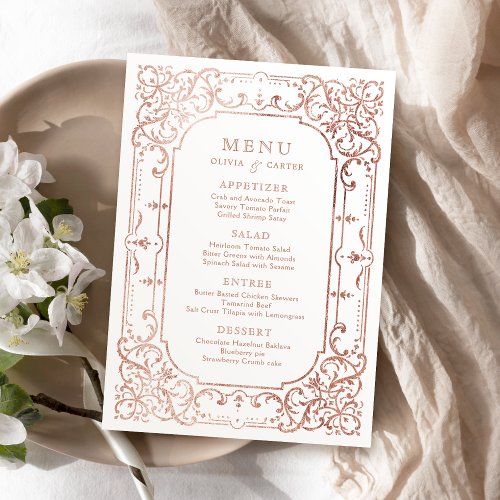 Rose gold elegant romantic ornate vintage wedding menu