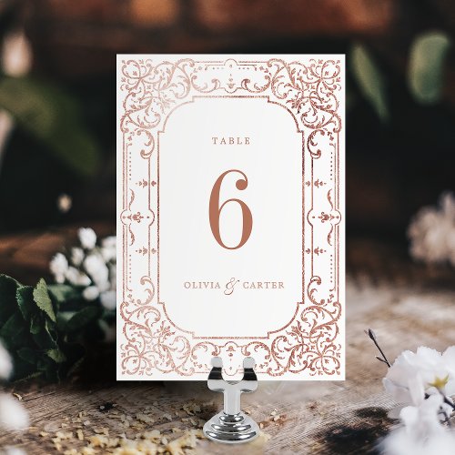 Rose gold elegant romantic ornate vintage wedding table number