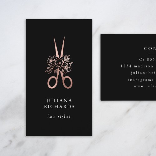 Rose Gold Elegant Scissors Hair Stylist Business C Business Card