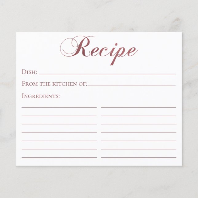 Rose Gold Elegant Script Bridal Shower Recipe Card (Front)