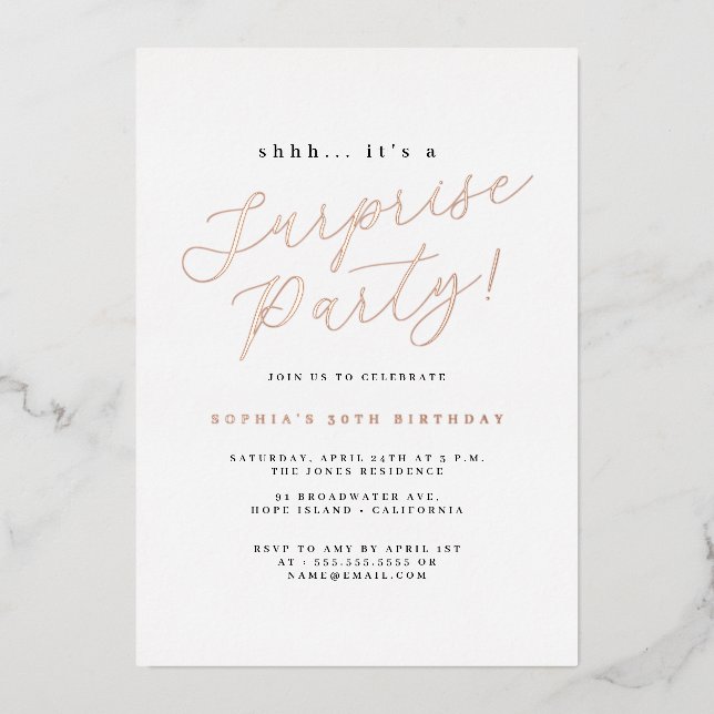 Rose Gold Elegant Script Surprise Party Foil Invitation (Front)