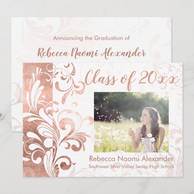 Rose Gold Elegant Swirl Photo Graduation Invitation (Front/Back)