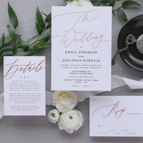 Rose Gold Elegant Traditional Calligraphy Wedding Foil Invitation