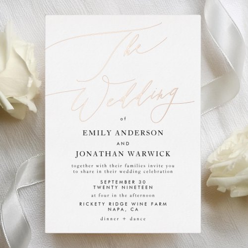 Rose Gold Elegant Traditional Calligraphy Wedding Foil Invitation