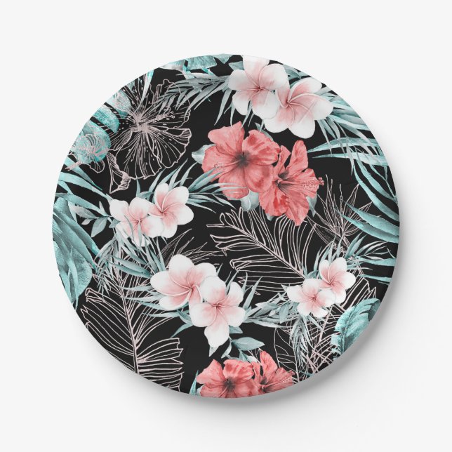 Rose Gold Elegant Tropical  Botanical Island Luau Paper Plates (Front)