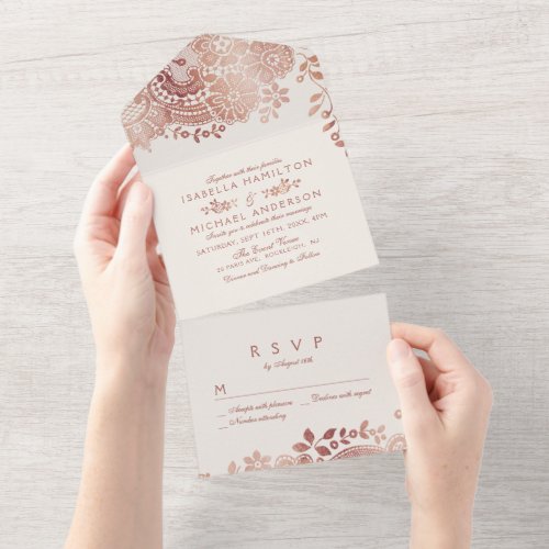 Rose gold elegant vintage lace wedding all in one invitation