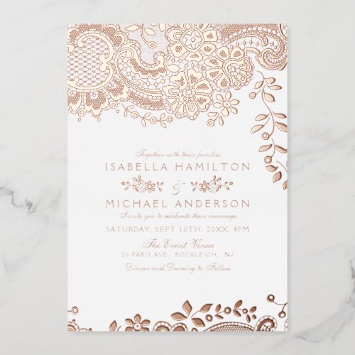 Rose gold elegant vintage lace wedding foil invitation