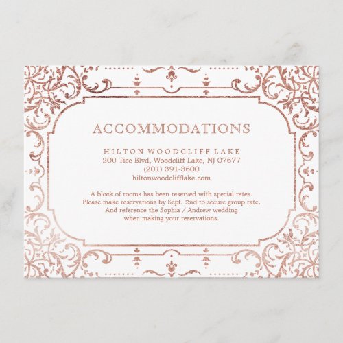 Rose gold elegant vintage wedding accommodation enclosure card