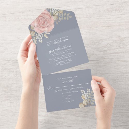 Rose Gold Elegant Watercolor Floral Rose Foliage All In One Invitation